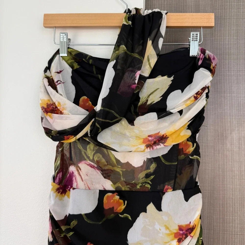 Abercrombie & Fitch Black Floral Mesh Off One Shoulder Ruched Maxi Dress Medium